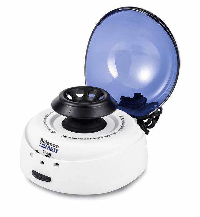 Science Med Mini Centrífuga  Capacidad del rotor: 8 tubos de 2, 1.5, 0.5 y 0.2 mL / 4 tiras de 8 tubos para PCR Velocidad máxima: 7,000 RPM