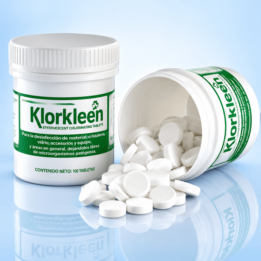 Klorkleen®  Desinfectante y limpiador de alto impacto en tabletas efervescentes a base de cloro orgánico (NaDCC) . Cada frasco contiene 150 tabletas, con un rendimiento de hasta 1,500 litros de solución desinfectante y detergente