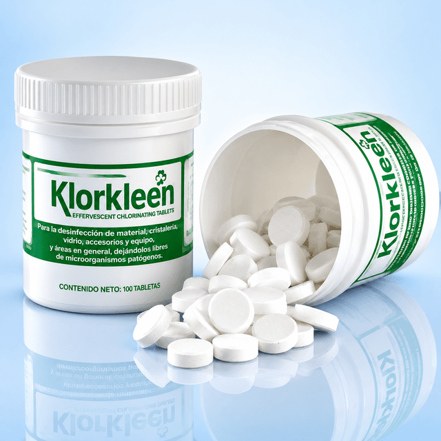 Klorkleen®  Desinfectante y limpiador de alto impacto en tabletas efervescentes a base de cloro orgánico (NaDCC) . Cada frasco contiene 150 tabletas, con un rendimiento de hasta 1,500 litros de solución desinfectante y detergente