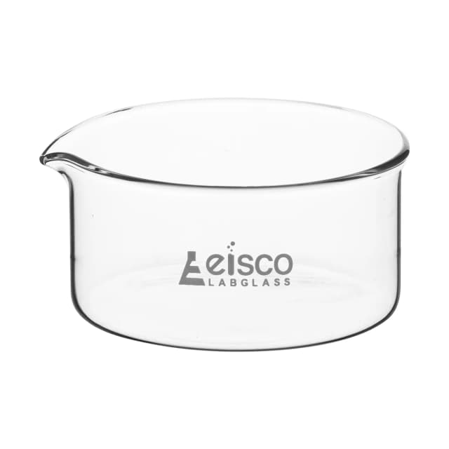 Dish Crystallizing 300ml, outer dia 100mm, height 50mm. Borosilicate glass, flat bottom with spout
