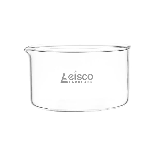Dish Crystallizing 100ml, outer dia 70mm, height 40mm. Borosilicate glass, flat bottom with spout