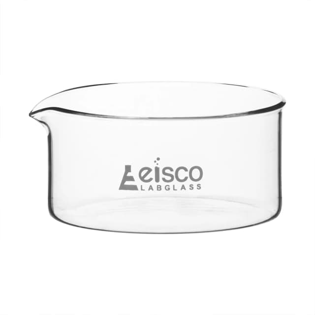 Dish Crystallizing 150ml, outer dia 80mm, height 45mm. Borosilicate glass, flat bottom with spout