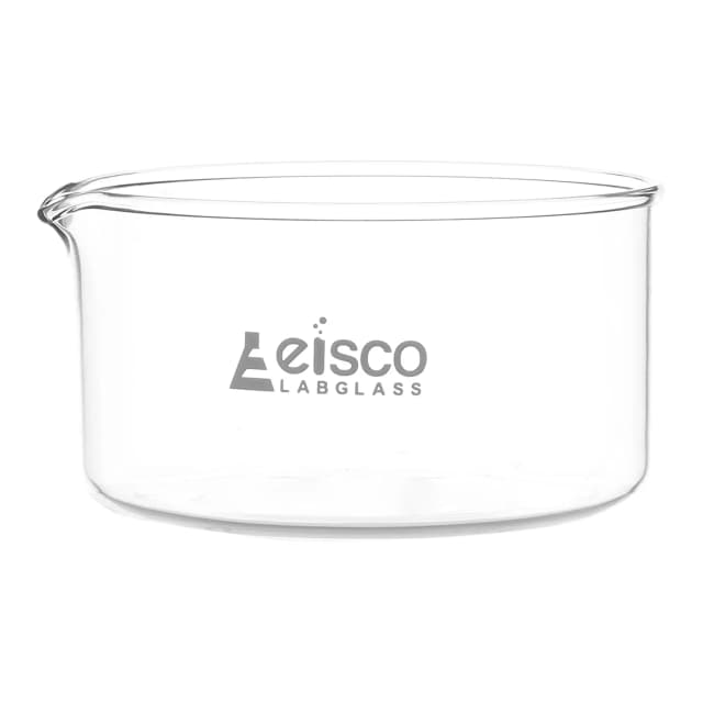 Dish Crystallizing 500ml, outer dia 115mm, height 65mm. Borosilicate glass, flat bottom with spout