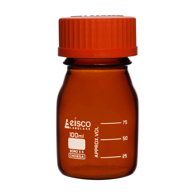 Frasco de reactivo, 100 ml, vidrio color ámbar, tapa de rosca naranja, vidrio de borosilicato 3.3 EISCO