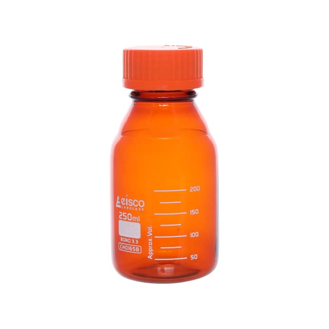 Frasco de reactivo, 100 ml, vidrio color ámbar, tapa de rosca naranja, vidrio de borosilicato 3.3 EISCO