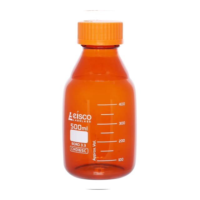 Frasco de reactivo, 500 ml, vidrio color ámbar, tapa de rosca naranja, vidrio de borosilicato 3.3 EISCO