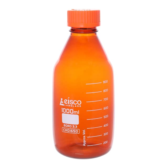Frasco de reactivo, 1000 ml, vidrio color ámbar, tapa de rosca naranja, vidrio de borosilicato 3.3 EISCO