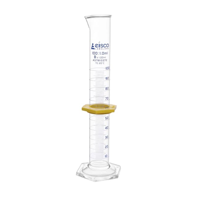 Cylinder Measuring Graduated, cap. 1000ml., class 'B', glass hex. base,with protective guard & spout, borosilicate glass, white Graduation. As per ASTM E1272 std.