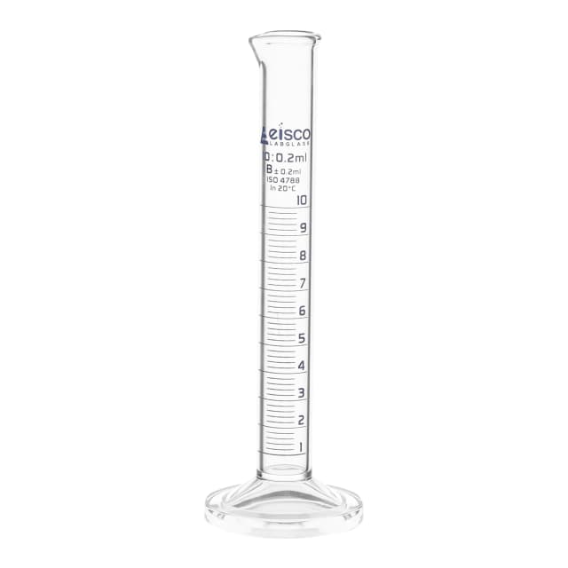 Cylinder Measuring Graduated, cap. 50ml., class 'B', round base with spout, borosilicate glass, Blue Graduation