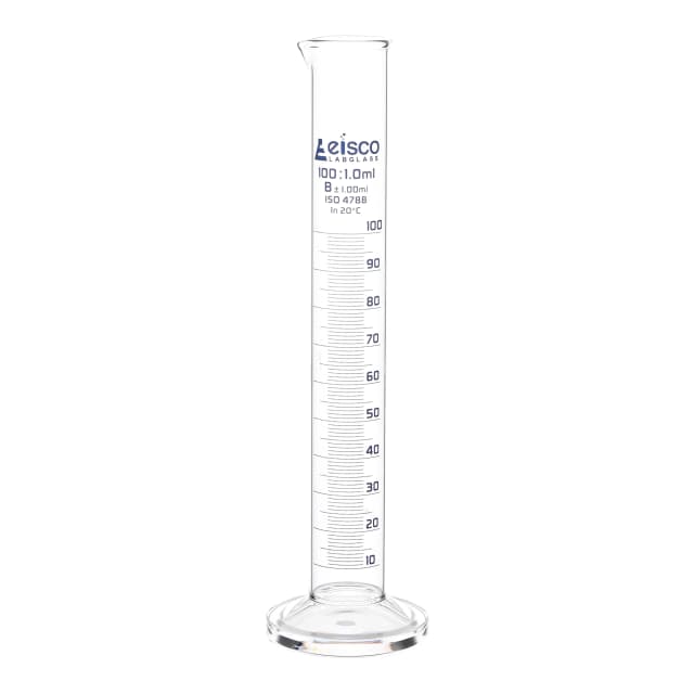 Cylinder Measuring Graduated, cap. 100ml., class 'B', round base with spout, borosilicate glass, Blue Graduation