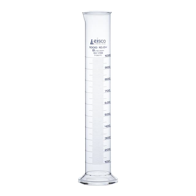 Cylinder Measuring Graduated, cap. 1000ml., class 'B', round base with spout, borosilicate glass, Blue Graduation