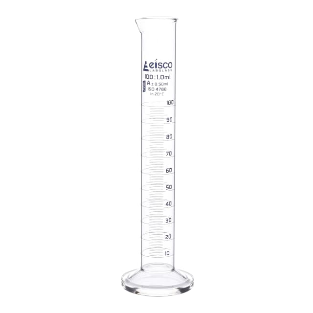 Cylinder Measuring Graduated, cap. 100ml., class 'A', round base with spout, borosilicate glass, Blue Graduation