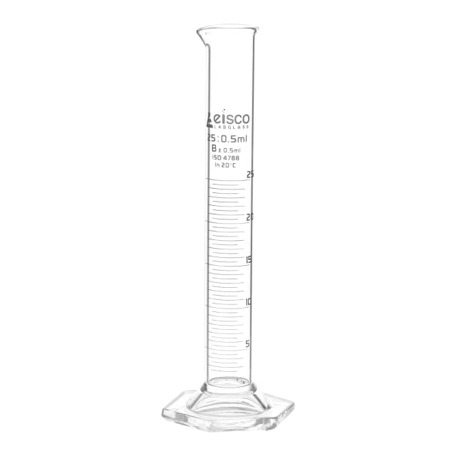 Cylinder Measuring Graduated, cap. 25ml., class 'B', Hex. base with spout, borosilicate glass, White Graduation