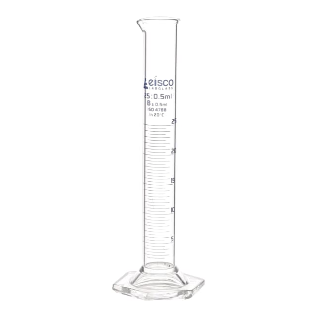 Cylinder Measuring Graduated, cap. 25ml., class 'B', Hex. base with spout, borosilicate glass, Blue Graduation