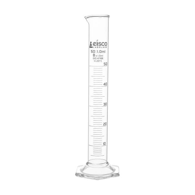 Cylinder Measuring Graduated, cap. 50ml., class 'B', Hex. base with spout, borosilicate glass, White Graduation