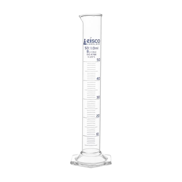 Cylinder Measuring Graduated, cap. 50ml., class 'B', Hex. base with spout, borosilicate glass, Blue Graduation