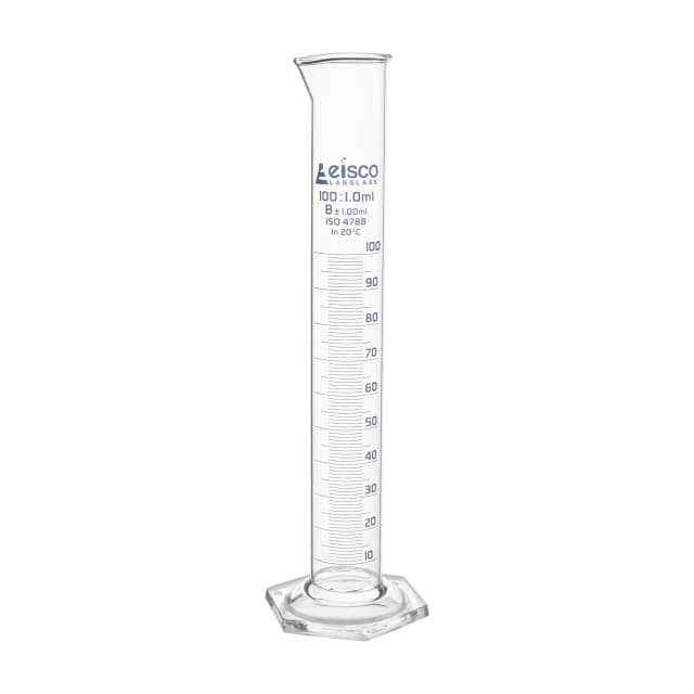 Cylinder Measuring Graduated, cap. 100ml., class 'B', Hex. base with spout, borosilicate glass, Blue Graduation