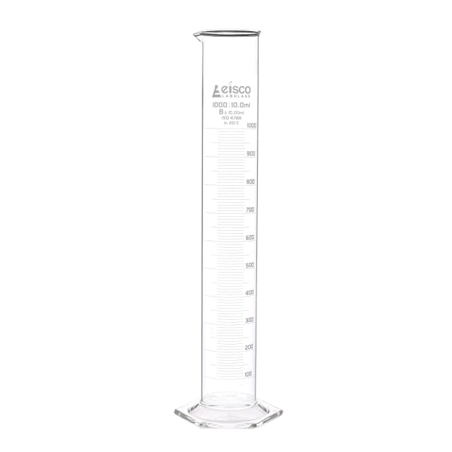 Cylinder Measuring Graduated, cap. 1000ml., class 'B', Hex. base with spout, borosilicate glass, Blue Graduation