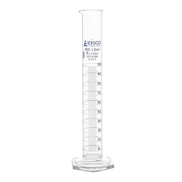 Cylinder Measuring Graduated, cap. 100ml., class 'A', Hex. base with spout, borosilicate glass, Blue Graduation