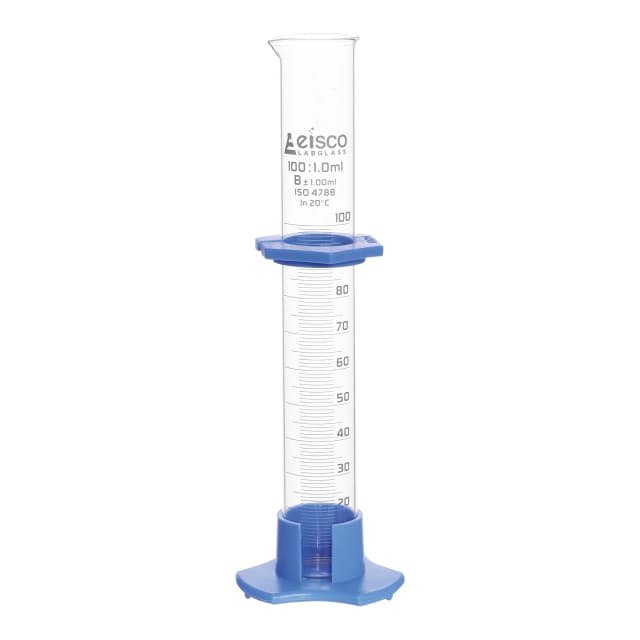Cylinder Measuring Graduated, cap. 25ml., class 'B', detachable plastic hex. base with spout and protection collar, borosilicate glass, Blue Graduation