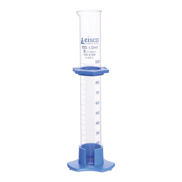 Cylinder Measuring Graduated, cap. 100ml., class 'B', detachable plastic hex. base with spout and protection collar, borosilicate glass, Blue Graduation