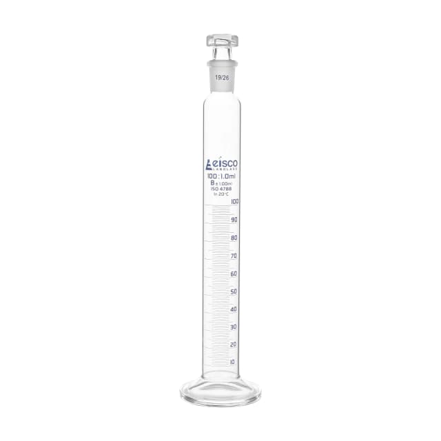 Cylinder Measuring Graduated, cap. 25ml., class 'B', glass round base, complete with interchangeable polypropylene stopper, borosilicate glass, Blue Graduation