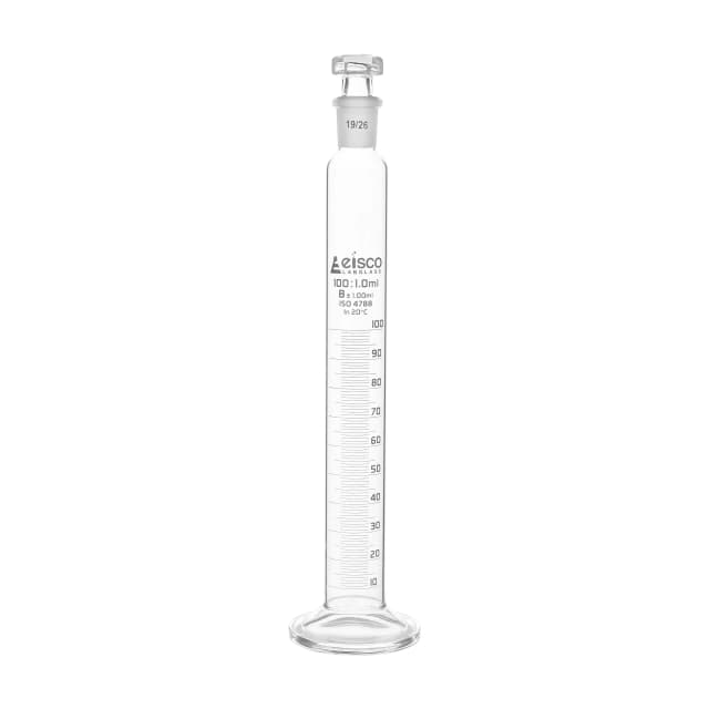 Cylinder Measuring Graduated, cap. 100ml., class 'B', glass round base, complete with interchangeable polypropylene stopper, borosilicate glass, White Graduation