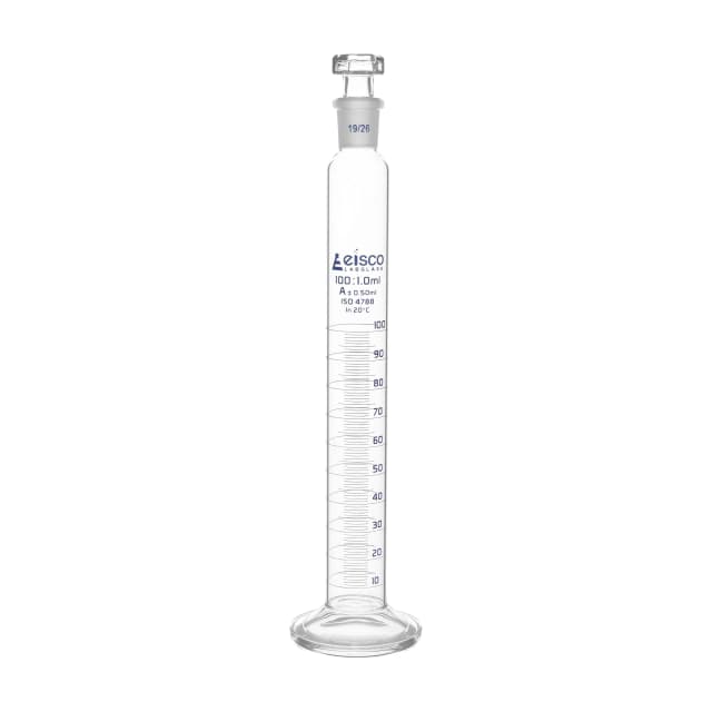 Cylinder Measuring Graduated, cap. 100ml., class 'A', glass round base, complete with interchangeable polypropylene stopper, borosilicate glass, Blue Graduation