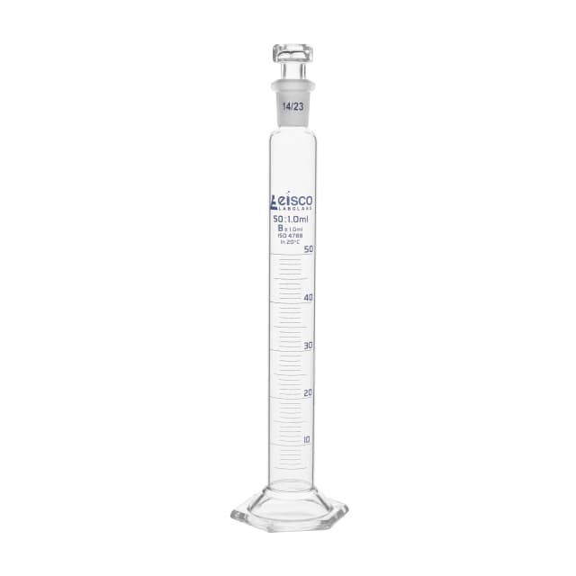 Cylinder Measuring Graduated, cap. 25ml., class 'B', glass hex. base, complete with interchangeable polypropylene stopper, borosilicate glass, Blue Graduation