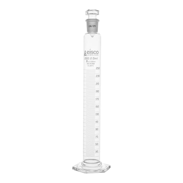 Cylinder Measuring Graduated, cap. 100ml., class 'B', glass hex. base, complete with interchangeable polypropylene stopper, borosilicate glass, White Graduation