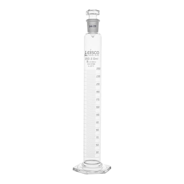 Cylinder Measuring Graduated, cap. 100ml., class 'B', glass hex. base, complete with interchangeable polypropylene stopper, borosilicate glass, Blue Graduation