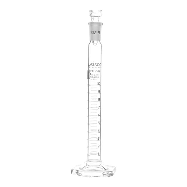 Cylinder Measuring Graduated, cap. 10ml., class 'A', glass hex. base, complete with interchangeable polypropylene stopper, borosilicate glass, White Graduation