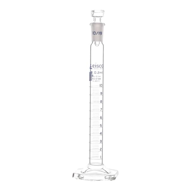 Cylinder Measuring Graduated, cap. 10ml., class 'A', glass hex. base, complete with interchangeable polypropylene stopper, borosilicate glass, Blue Graduation