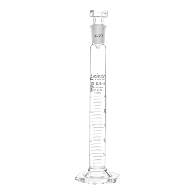 Cylinder Measuring Graduated, cap. 25ml., class 'A', glass hex. base, complete with interchangeable polypropylene stopper, borosilicate glass, White Graduation
