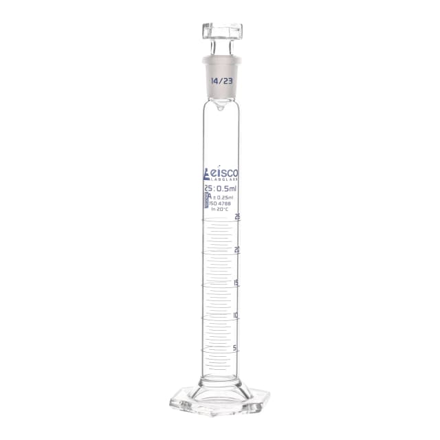 Cylinder Measuring Graduated, cap. 25ml., class 'A', glass hex. base, complete with interchangeable polypropylene stopper, borosilicate glass, Blue Graduation