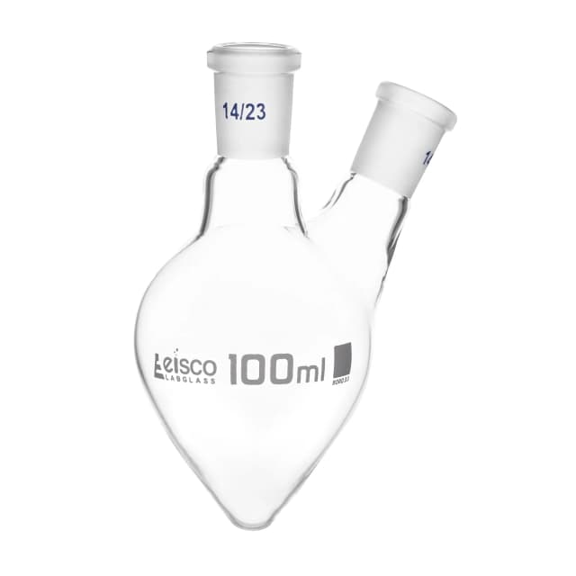 Flask Boiling - Pear Shape, two neck with joint 100ml, with side socket size 14/23 & center size 14/23, borosilicate glass