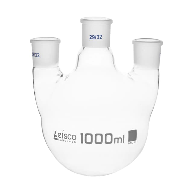 Flask Distilling round bottom, cap. 1000ml, borosilicate glass, three neck parallel, centre socket 29/32, side socket 29/32