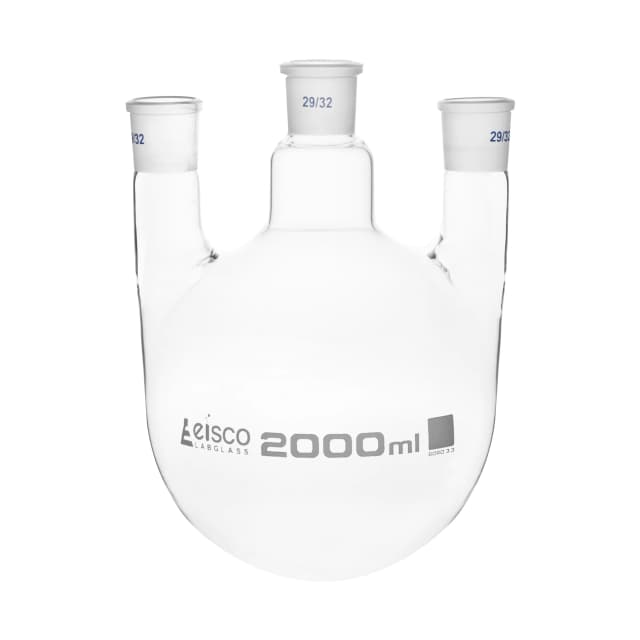 Flask Distilling round bottom, cap. 2000ml, borosilicate glass, three neck parallel, centre socket 29/32, side socket 29/32