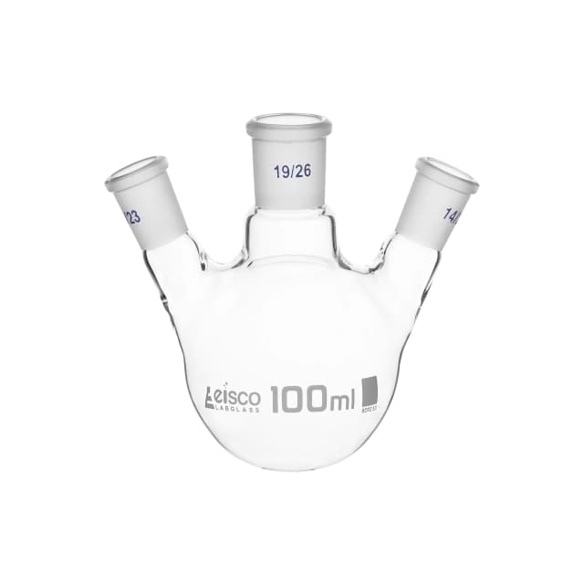 Flask Distilling round bottom, cap. 100ml, borosilicate glass, three neck at angle, centre socket 19/26, side socket 14/23