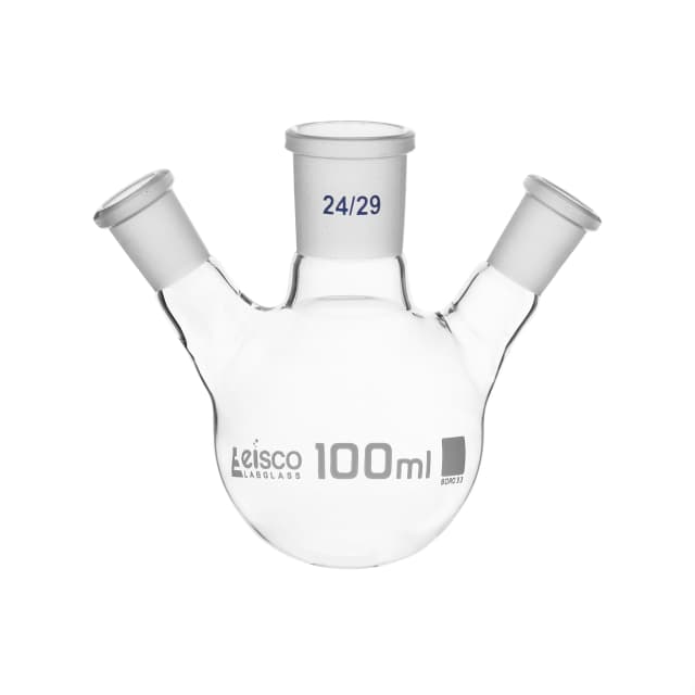 Flask Distilling round bottom, cap. 100ml, borosilicate glass, three neck at angle, centre socket 24/29, side socket 19/26