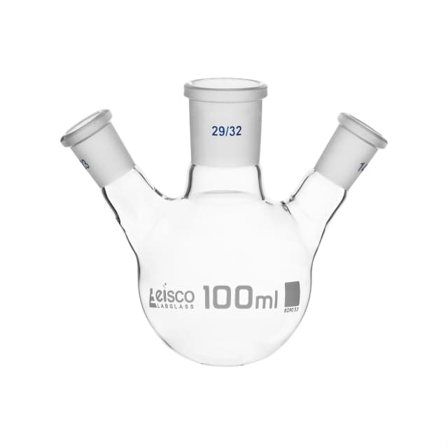 Flask Distilling round bottom, cap. 100ml, borosilicate glass, three neck at angle, centre socket 29/32, side socket 14/23