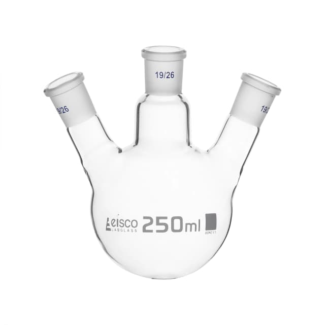 Flask Distilling round bottom, cap. 250ml, borosilicate glass, three neck at angle, centre socket 19/26, side socket 19/26