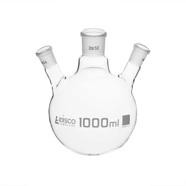 Flask Distilling round bottom, cap. 1000ml, borosilicate glass, three neck at angle, centre socket 29/32, side socket 19/26