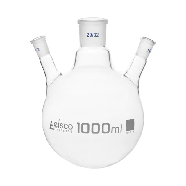Flask Distilling round bottom, cap. 1000ml, borosilicate glass, three neck at angle, centre socket 29/32, side socket 14/23