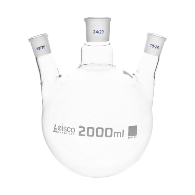 Flask Distilling round bottom, cap. 2000ml, borosilicate glass, three neck at angle, centre socket 24/29, side socket 19/26