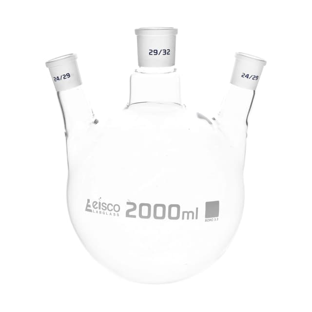 Flask Distilling round bottom, cap. 2000ml, borosilicate glass, three neck at angle, centre socket 29/32, side socket 24/29