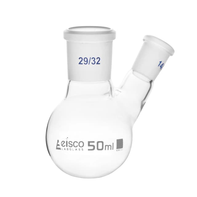 Flask with round bottom, cap. 50ml, borosilicate glass, one oblique neck with joint, centre socket 29/32, side socket 14/23
