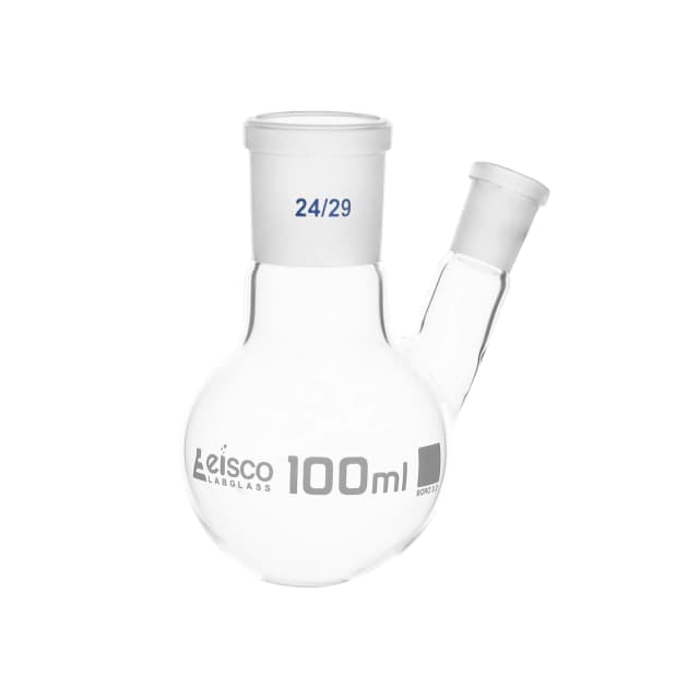 Flask with round bottom, cap. 100ml, borosilicate glass, one oblique neck with joint, centre socket 24/29, side socket 14/23