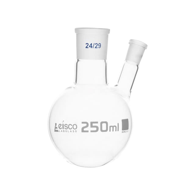 Flask with round bottom, cap. 250ml, borosilicate glass, one oblique neck with joint, centre socket 24/29, side socket 19/26