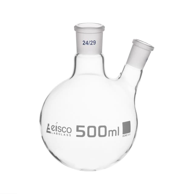 Flask with round bottom, cap. 500ml, borosilicate glass, one oblique neck with joint, centre socket 24/29, side socket 19/26